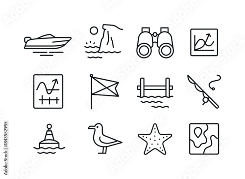 Coastal Excursion Icons. Coastal boat excursions. Line icon set