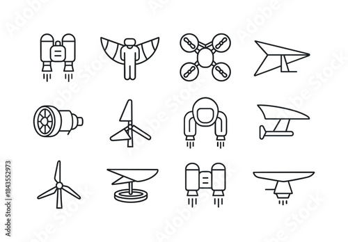 Mechanical Flight Icons. Mechanical flight devices. Line icon se