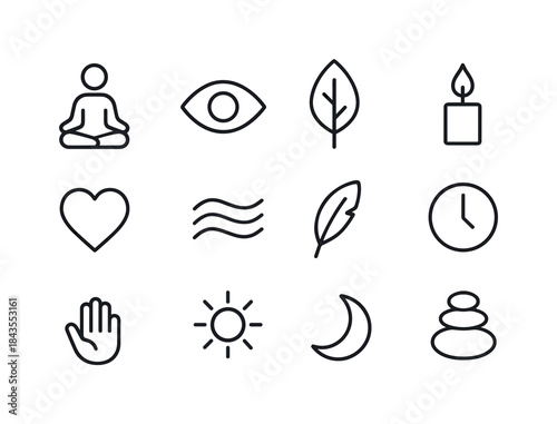 Mindfulness Icon Grid. Mindfulness and Presence. Line icon set o