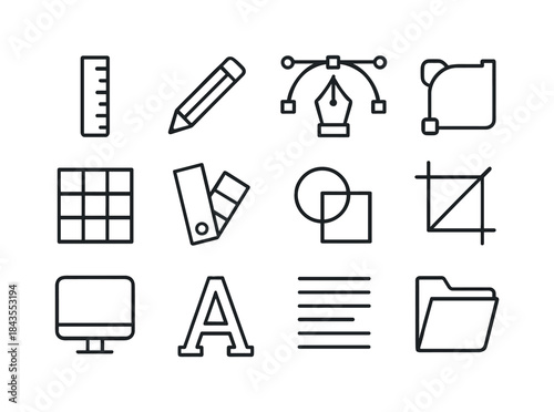 Designer Icon Set. Designer. Line icon set of Designer: ruler, p