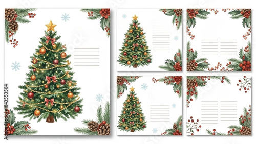Watercolor Christmas Tree Stationery and Holiday Writing Card Set with Festive Frames