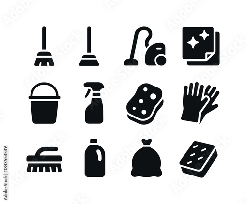 Household Cleaning Icons. Household cleaning. Solid icon set of