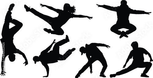 Dynamic breakdance silhouettes showcasing energetic street dance moves, athletic freestyle poses, 