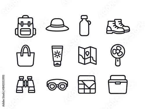 Essential Travel Icons. Summer travel gear. Line icon set of Sum