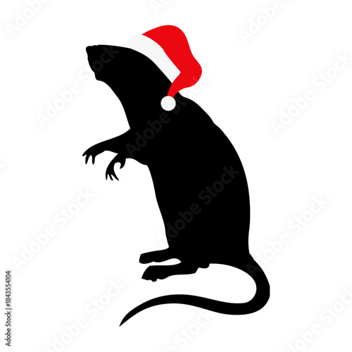 Logo con silueta de rata o ratón con sombrero de Santa Claus para tarjetas y felicitaciones de Navidad
