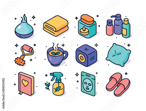 Colorful Self-Care Icons. self-care space. Colorful isometric ve