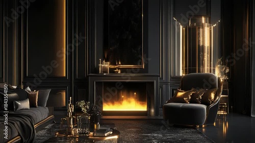 Luxury dark living room interior design with fireplace