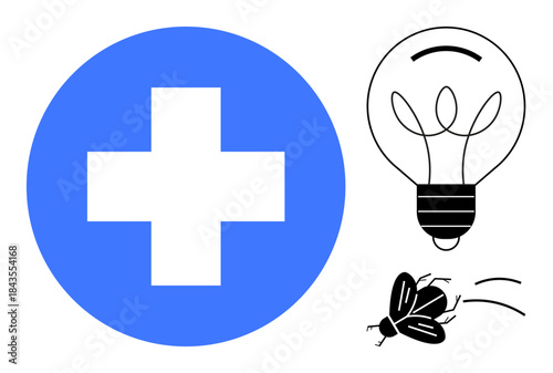 Healthcare, innovation, problem-solving, pest control, disease prevention, creativity. Blue cross symbol, light bulb and a flying bug illustration. Healthcare and innovation concept