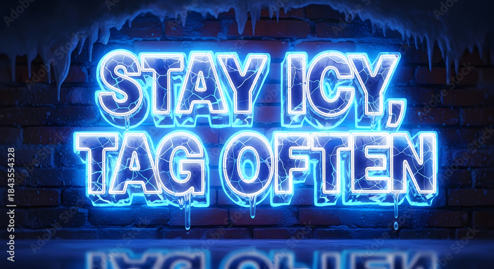 Fototapeta premium Stay icy, tag often blue neon sign, frosted with ice and dripping water, on a rustic brick wall, reflecting on a wet surface, conveying a cool, trendy, urban vibe.