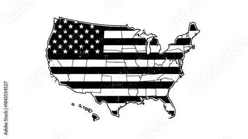 USA map silhouette vector with stars and stripes pattern, patriotic American style, bold colors, simple shapes, white background