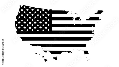USA map silhouette vector with stars and stripes pattern, patriotic American style, bold colors, simple shapes, white background