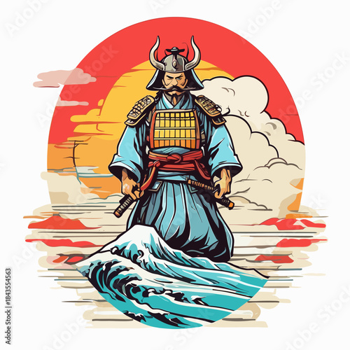 Japanese Samurai Warrior Standing on Ocean Wave at Sunset.