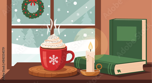 Cozy Christmas Winter Flat Scene with a Steaming Mug of Hot Chocolate, Books, and a Lit Candle, all while Snow Flakes Gently Fall Outside the Window