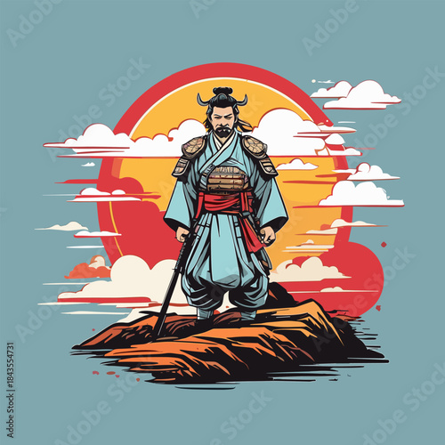 Ancient Japanese Samurai Warrior Standing on a Mountain Peak at Sunset.