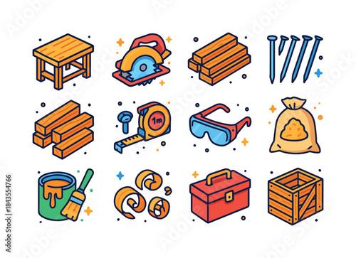 Wood Workshop Icons. Wood Workshop. Colorful isometric vector ic