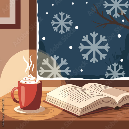 Cozy Christmas Winter Scene with Hot Drink, Book, and Falling Snow Flakes by a Window, presented in a charming flat illustration style for a serene ambiance