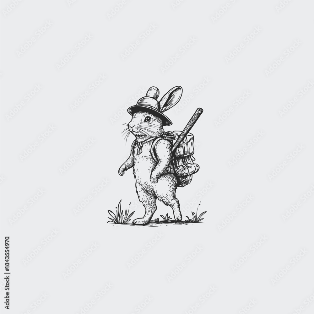Fototapeta premium Cute traveler rabbit walking with backpack and hat, vintage hand drawn sketch illustration isolated on white background
