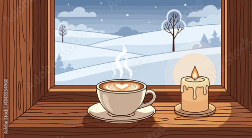 Cozy winter scene with a steaming cup of coffee on a windowsill, decorated with Christmas elements and falling snow flakes, flat illustration