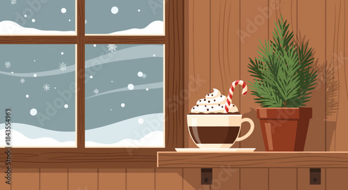 Cozy Christmas winter scene with hot chocolate and snow flakes on a wooden shelf, flat illustration