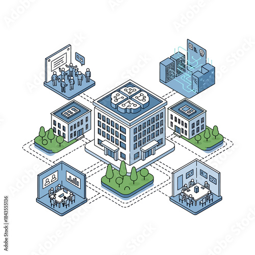 Connected Business Campus with Multiple Buildings and Meeting Rooms.