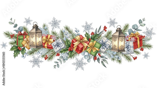 Watercolor Christmas Garland Border with Gifts Lanterns Pine Branches and Snowflakes