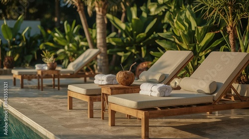 Premium vacation poolside scene with sun loungers near crystal-clear water, tropical greenery and a relaxing summer atmosphere.