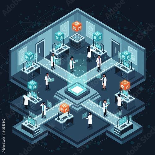 Futuristic laboratory with scientists working on advanced technology and data visualization.