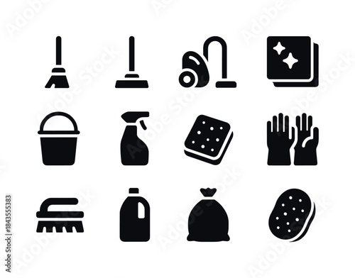 Household Cleaning Icons. Household cleaning. Solid icon set of
