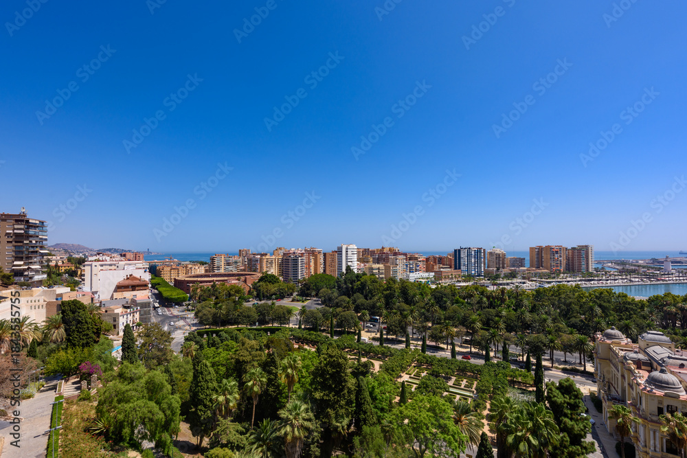 Obraz premium Malaga, Spain - August 06, 2024: Jardines de Pedro Luis Alonso and La Malagueta in Malaga, Spain