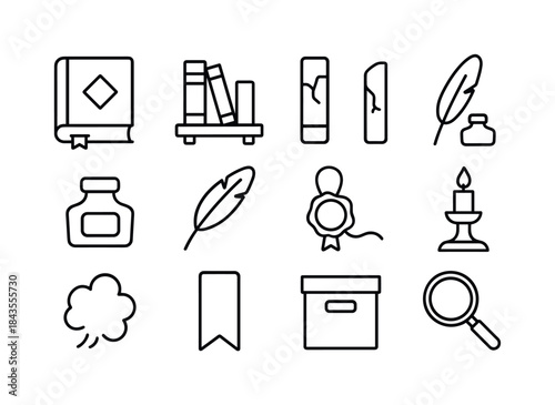 Library Relics Icons. Library relics. Line icon set of Library r