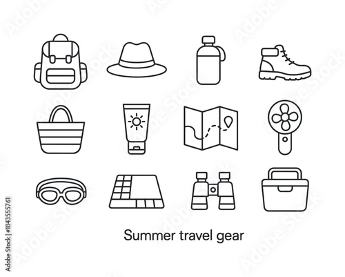 Essential Travel Icons. Summer travel gear. Line icon set of Sum