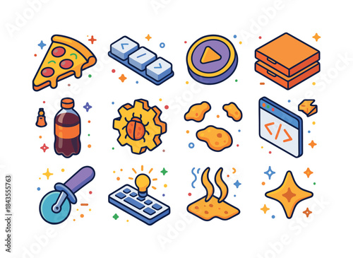 Pizza-Powered Coding Icons. pizza-fueled coding. Colorful isomet