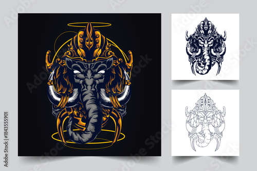 Maximalist Golden Elephant Head Logo / Ornate Esport Mascot Vector Illustration

