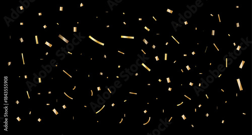 Golden Copper Confetti Falling Over Black Background For Festive Celebration And Party Theme.