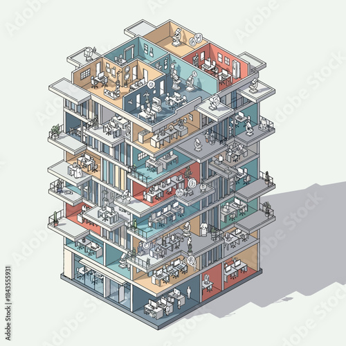 Isometric view of a modern office building interior with multiple floors and rooms.