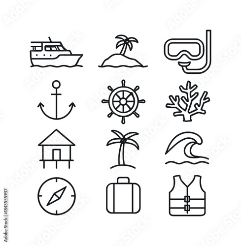 Island Hopping Icons. Island hopping boat tours. Line icon set o