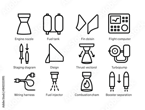 Rocket Engineering Icons. Rocket Engineering. Line icon set of R