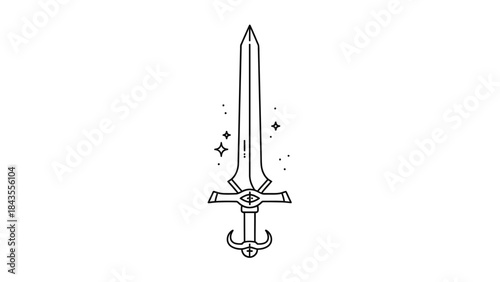 A mystical sword with an eye symbol on its hilt and sparkling effects.