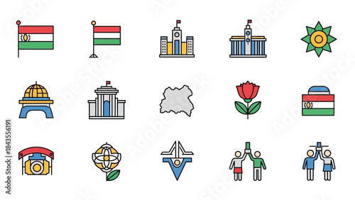 Collection of colorful icons representing various aspects of Tajikistan culture and landmarks.