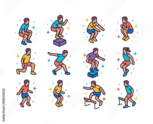 Colorful Plyometric Icons. Plyometrics. Colorful isometric vecto