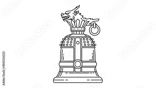 Ancient Chinese Bell with Dragon Handle Line Art.