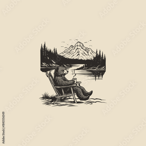 Relaxed grizzly bear sitting on wooden chair drinking coffee by the lake with mountain landscape, vintage outdoor adventure illustration