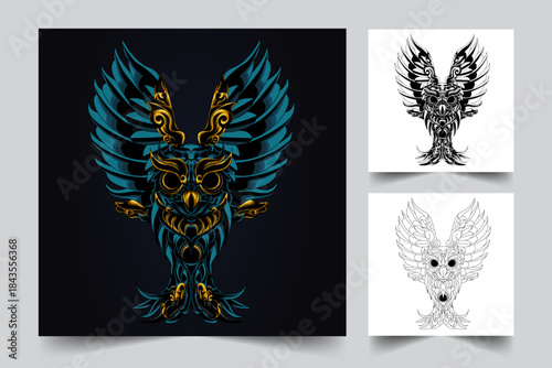 Dark ornamental owl mascot logo mystic owl head logo, metallic ornament style 