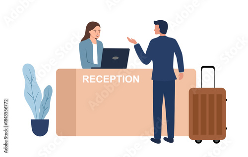 Reception desk with customer at reception on isolated background, Receptionist hotel, vector illustration.