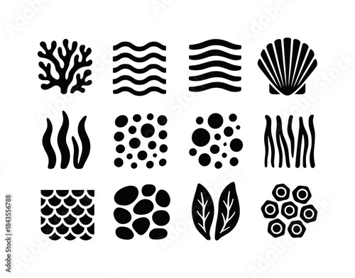 Marine Texture Icons. Marine textures. Solid icon set of marine