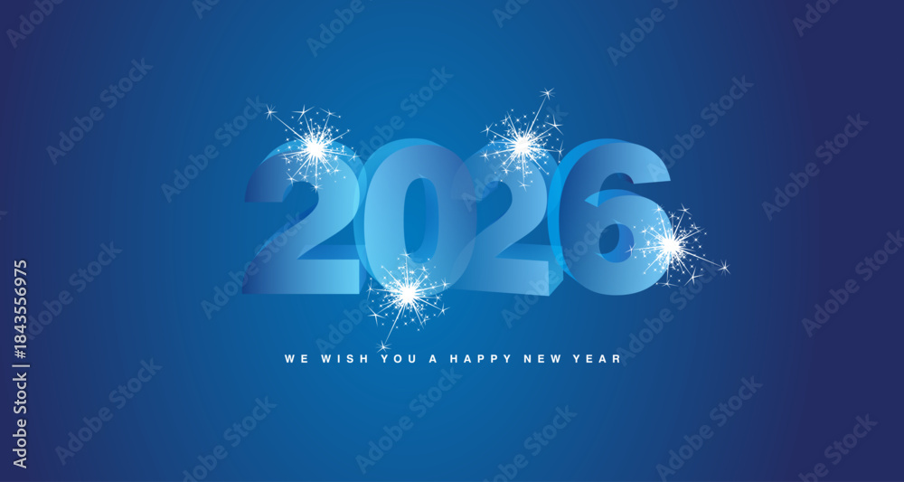 Obraz premium We wish you a Happy New Year 2026 with sparkle firework. Modern 3D light blue transparent glass numbers shape of 2026 on blue greeting card