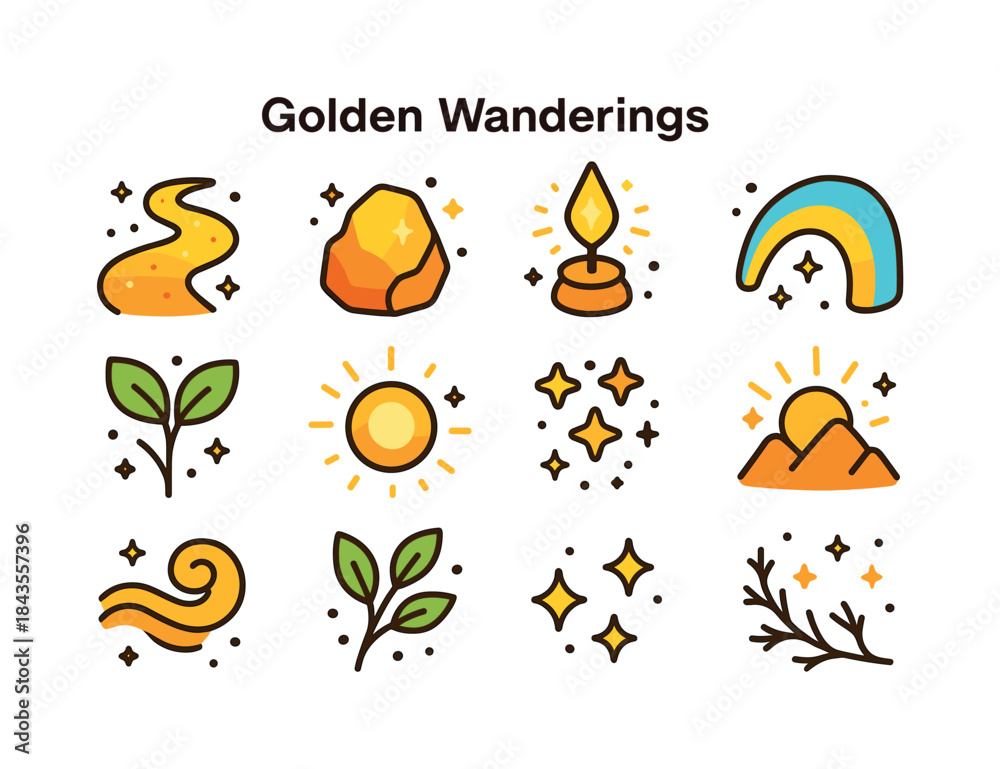 Obraz premium Golden Path Icons. Golden Wanderings. Colorful isometric vector