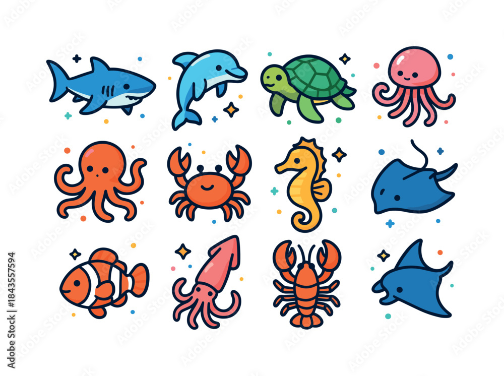 Obraz premium Colorful Sea Icons. Sea creatures. Colorful isometric vector ico