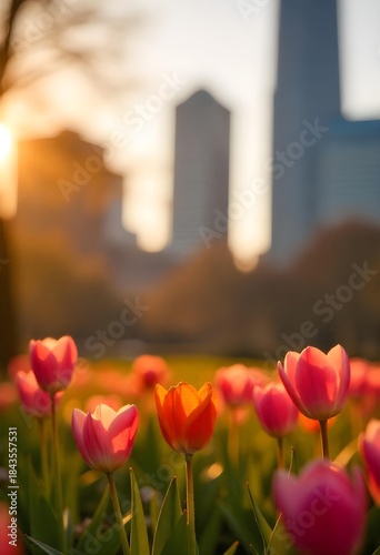 AI generated close-up of vibrant spring flowers blooming in urban park