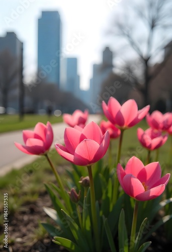AI generated detailed view of colorful spring blossoms in urban greenery